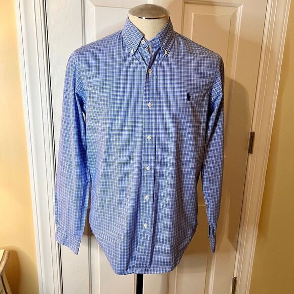 $125 NWOT Men's Ralph Lauren Blue Plaid Classic Button Down Shirt Size SMALL - Picture 1 of 3